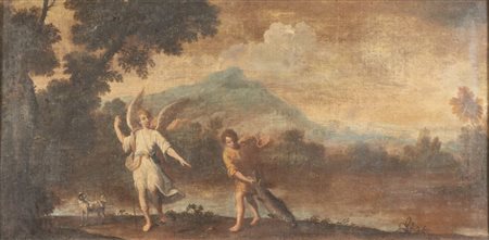 Maestro del XVIII secolo "Tobia e l'angelo". Olio su tela. Cm 46,5x93.