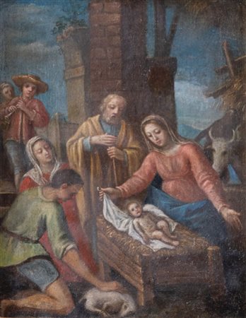 Maestro del XVII secolo. "Natività". Olio su tela applicato su cartoncino. Cm...
