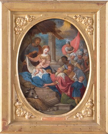 Maestro francese del XVII secolo. "Natività con magi". Olio su rame. Cm...