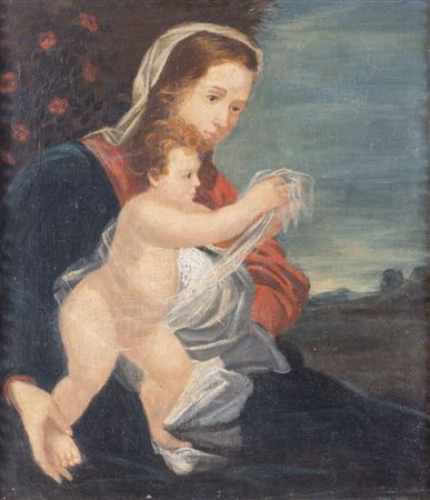 Maestro del XX secolo. "Madonna con Bambino". Olio su tela. Cm 70x61,5.
