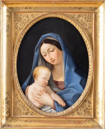 Maestro del XIX secolo. "Madonna con bambino". Olio su cartone. Cm 33,5x26....
