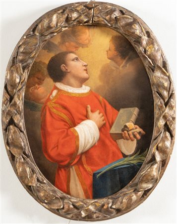 Maestro del XVII secolo. "Santo Stefano". Olio su tela. Cm 66x50. Cornice coeva.