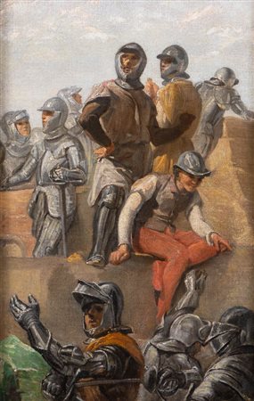 Pittore del XIX secolo. "Riposo durante la battaglia". Olio su tela. Cm 67x42,5.