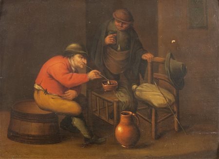 Maestro fiammingo del XVII secolo. "Interno con fumatore di pipa e bevitore"....