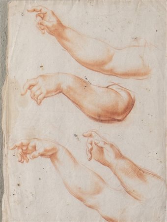 Maestro del XVIII secolo. "Studio di mani". Sanguigna su carta. Cm 28x22.