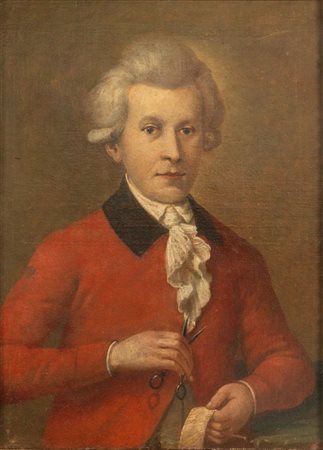 Maestro della fine del XVIII secolo. "Ritratto di sarto con la giubba rossa"....