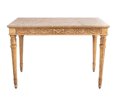 Consolle in legnato gessato e dorata. Piano in marmo giallo senape non...