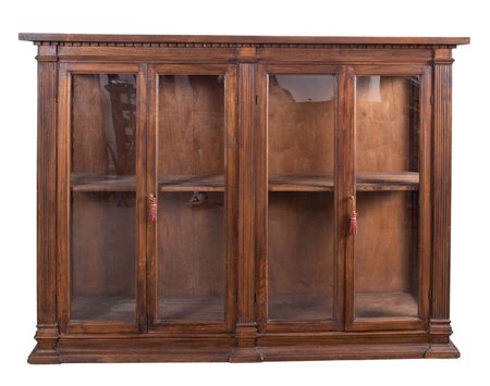 Vetrina a quattro ante. Realizzata in massello di pioppo, tinto noce. Emilia,...