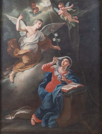 Maestro del XVIII secolo. "Annunciazione". Olio su tela. Cm 115x87.
