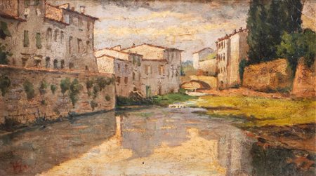Pittore anonimo del XX secolo. "Veduta con ponte". Olio su tavola. Cm...