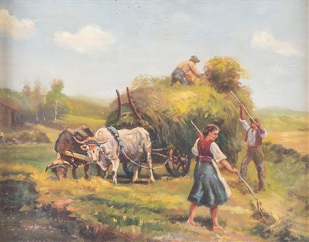 Maestro toscano del XIX secolo. "Scena contadina". Olio su tavola. Cm 40x50.
