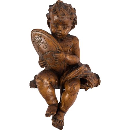 SCULTURA LIGNEA, Puttino con stemma nobiliare
