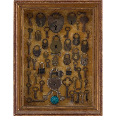 COLLEZIONE di lucchetti e chiavi entro teca