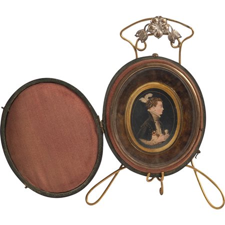 MINIATURA su legno raffigurante 'Nobildonna con cane'