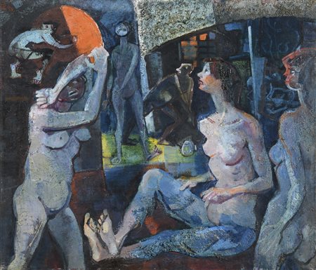 DIPINTO UNO STRANO SOLE SUL TETTO DI NINO GASPARRI, 1973