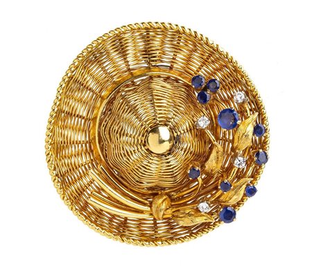 Spilla cappellino in oro con zaffiri e diamanti - firmata TIFFANY & Co 