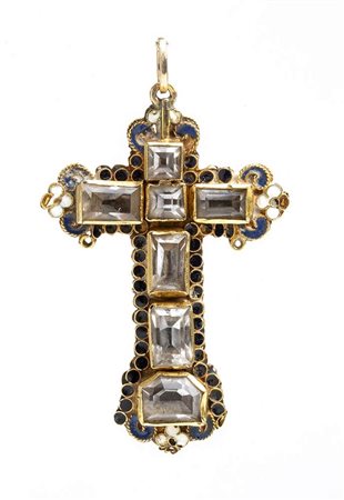 Croce pendente spagnola in oro, quarzi e smalti - metà XVII secolo