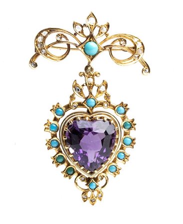 Spilla pendente con ametista, turchesi e diamanti taglio a rosa 
