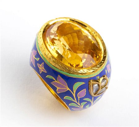 Anello a fascia in oro, smalti, quarzo citrino e diamanti - manifattura INDIA