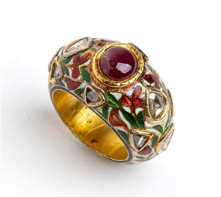 Anello a fascia in oro, smalti, rubino e diamanti - manifattura INDIA
