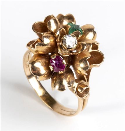 Anello "patriottico" in oro con rubino, diamante e smeraldo - Italia inizio '50 