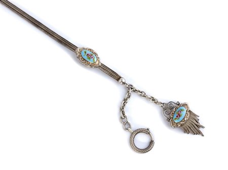 Catena da orologio francese in argento e smati - XIX secolo