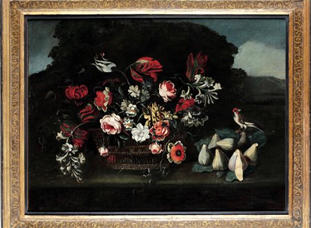 Scuola del XVIII secolo, Natura morta con cesto di fiori e uccellino