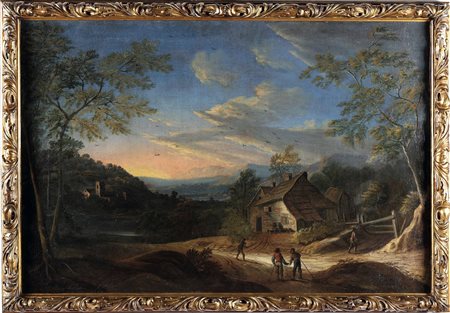 Schütz Christian Georg attribuito a, Paesaggio con viandanti