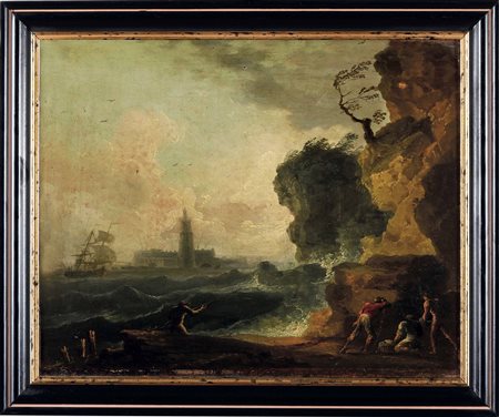 Scuola del XVIII secolo, Vedute costiere con figure e velieri