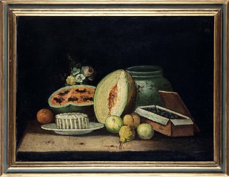 Scuola del XVIII secolo, Nature morte con composizioni di frutti, vasellame e fiori