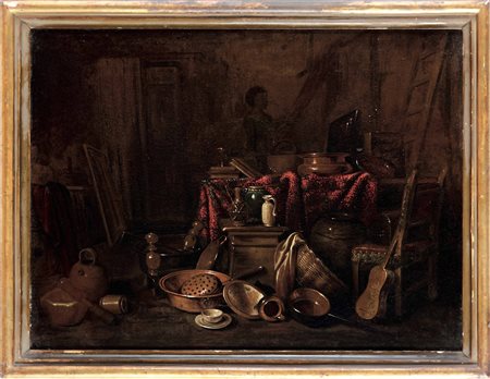 Valentino Gian Domenico, Scena di interno con natura morta di pentole in rame, drappi e strumenti musicali