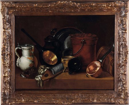 Jeaurat de Bertry Nicolas Henri attribuito a, Natura morta con pentole e utensili da cucina