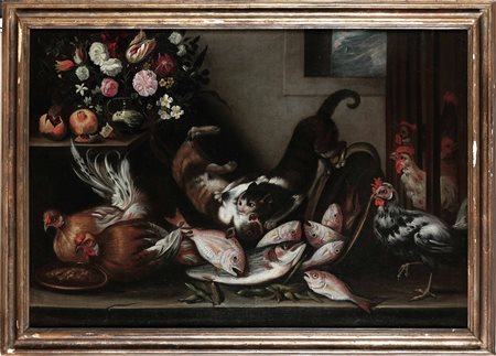 Scuola napoletana del XVIII secolo, Natura morta con fiori, frutta, galli, pesci e gatti