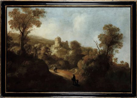 Roghman Roelant attribuito a, Paesaggio montano con città fortificata