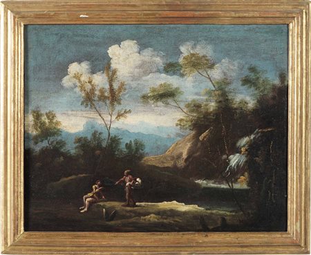 Tavella Carlo Antonio ambito di, Paesaggio con cascata e personaggi