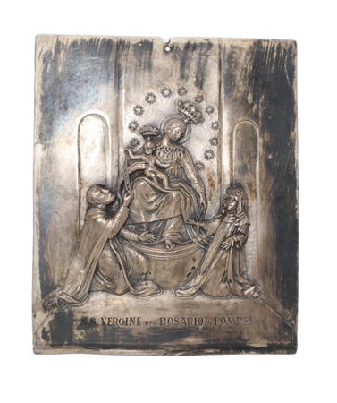 Placca in argento sbalzato con immagine ''S.S. Vergine del Rosario in Pompei'', Early 20th century