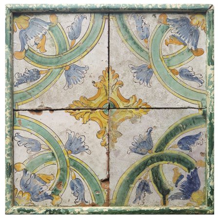 Composizione di N.4 Mattonelle in maiolica di Caltagirone, Nineteenth century