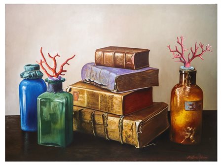 Antonio Sciacca (Catania 1957)  - Natura morta di libri, barattoli e coralli