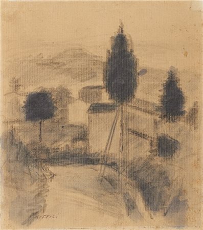 Ardengo Soffici "Paesaggio" 1936
inchiostro e matita su carta
cm 25,2x22,1
Firma