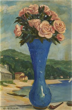 Gianfilippo Usellini "Vaso blu e rose" 1947-1948
olio su tela applicata su tavol