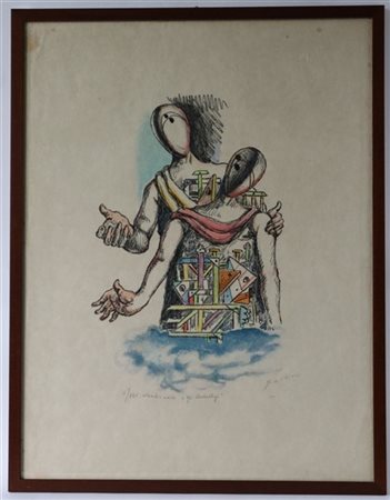 Giorgio de Chirico "Gli archeologi" 1969
litografia colorata a mano su carta gia
