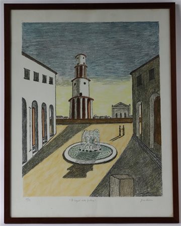 Giorgio de Chirico "Il segreto della fontana" 1971
litografia a colori
cm 70x53