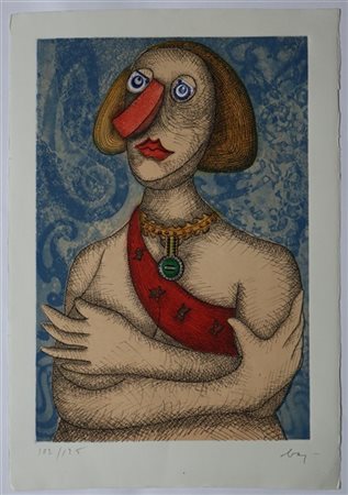Enrico Baj "Dama decorata" 1979
acquaforte a colori e tecnica mista
(lastra cm 6