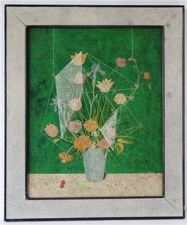 Carlo Bertè "Natura morta su fondo verde" 
olio e tecnica mista su tavola
cm 49x