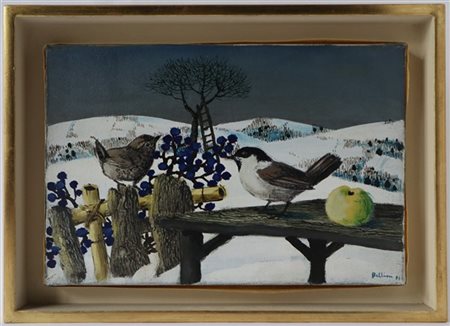 Enzo Bellini "Paesaggio invernale e passerotti" 1984
olio su tela
cm 20x30
firma