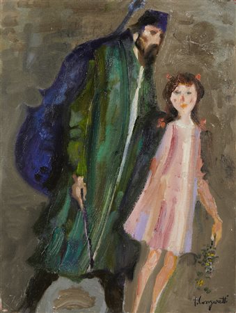 LONGARETTI TRENTO (n. 1916) - Musicante in verde e bambina rosa.