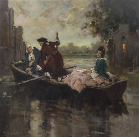 VENANZIO ZOLLA<BR>Colchester (Regno Unito) 1880 - 1961 Torino<BR>"In barca. Scena in costume"