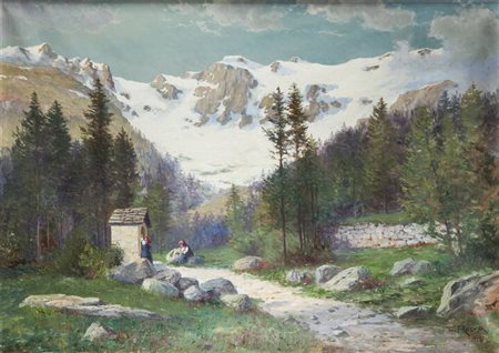 LEONARDO RODA<BR>Racconigi (CN) 1868 - 1933<BR>"Paesaggio montano con contadine" 1928