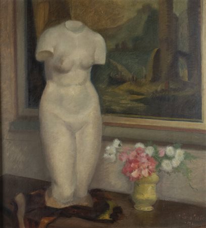 LUISA PRATIS<BR>Saluzzo 1913 -1959<BR>"Natura morta con vaso e di fiori e scultura" 1941 (?)