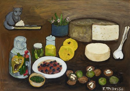 FRANCESCO TABUSSO<BR>Sesto San Giovanni (MI) 1930 - 2012 Torino<BR>"Natura morta con gatto e formaggi" 2006